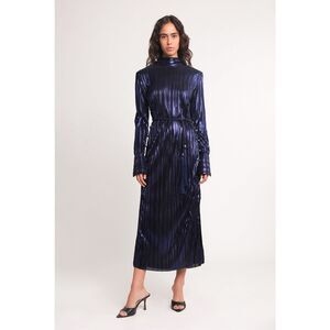Sabina Musáyev Azura Metallic Pleated Long-Sleeve Midi Dress Medium $455